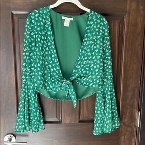 Urban Outfitters Green Flare Sleeve Tie Top - Size Small